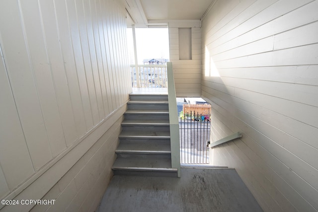 staircase with wooden walls