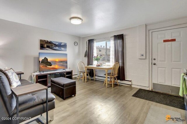 living room featuring light hardwood / wood-style flooring and a baseboard heating unit