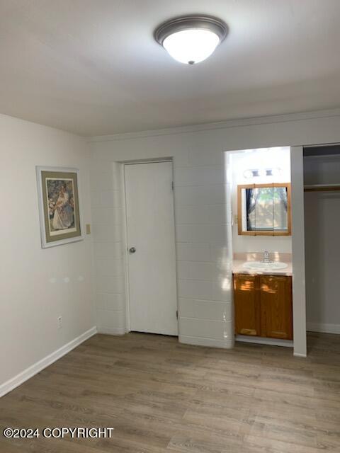 unfurnished bedroom featuring light wood-type flooring and sink