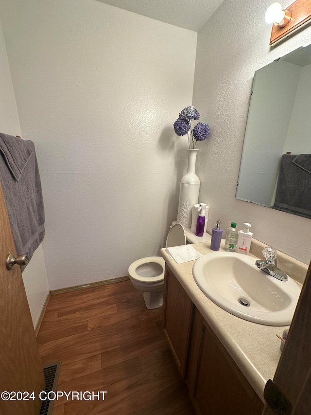 bathroom with hardwood / wood-style floors, vanity, and toilet