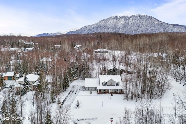 snowy aerial view with a mountain view