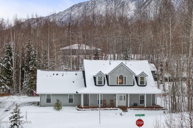 cape cod house featuring a porch and a mountain view