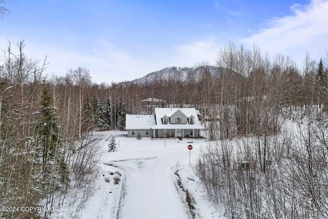 snowy aerial view featuring a mountain view