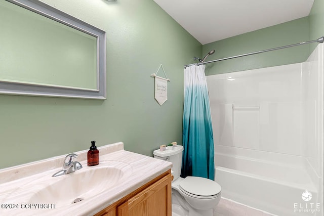 full bathroom with vanity, tile patterned floors, toilet, and shower / bathtub combination with curtain