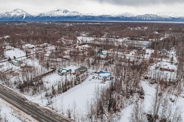 snowy aerial view with a mountain view