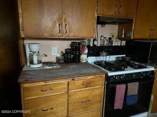 kitchen with white range with gas stovetop and range hood