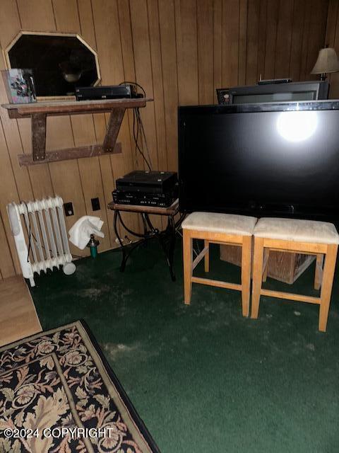 interior space with carpet flooring, wood walls, and radiator heating unit