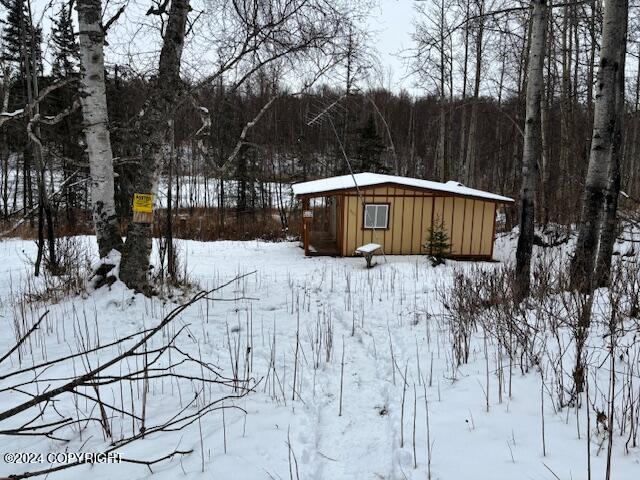 snowy yard with an outbuilding