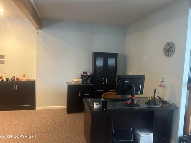 office space featuring light colored carpet and ornamental molding