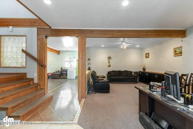 living room featuring light tile patterned floors, ceiling fan, and beam ceiling