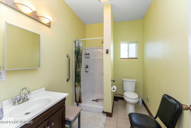 bathroom with vanity, tile patterned flooring, toilet, and walk in shower