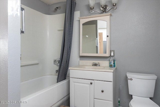 full bathroom with toilet, a textured wall, shower / tub combo with curtain, and vanity