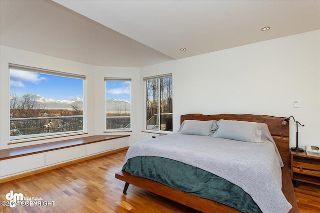 bedroom featuring light hardwood / wood-style flooring and vaulted ceiling