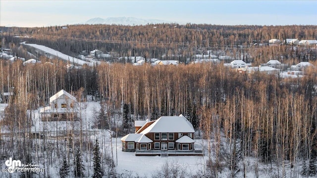 snowy aerial view featuring a mountain view