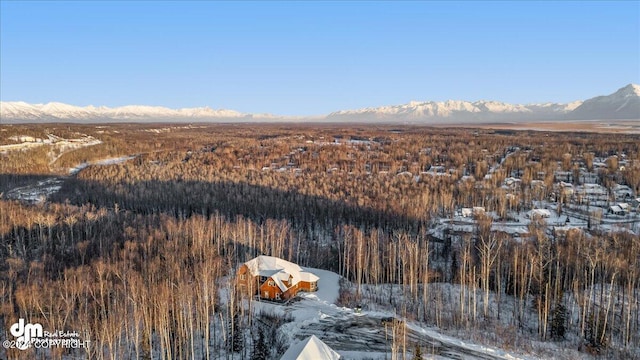 snowy aerial view with a mountain view