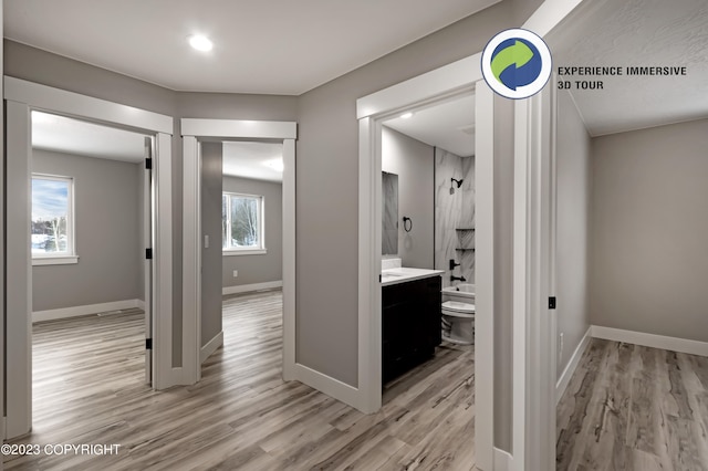 corridor with light hardwood / wood-style flooring and plenty of natural light