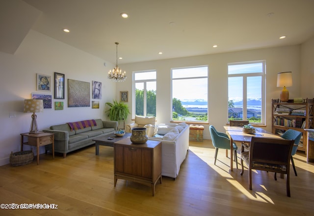 4760 Craftsman Rd, Homer, AK 99603 - living area featuring light wood-style flooring, a chandelier, and recessed lighting