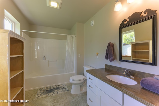 4760 Craftsman Rd, Homer, AK 99603 - full bathroom featuring vanity, shower / bath combination with curtain, toilet, and plenty of natural light