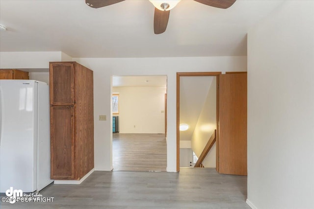 interior space featuring ceiling fan, light wood-type flooring, and white refrigerator