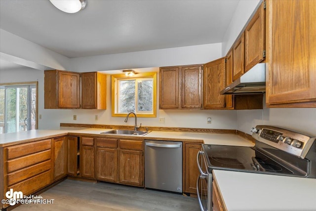 kitchen with light wood-type flooring, stainless steel appliances, and sink