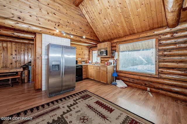 kitchen with high vaulted ceiling, sink, light hardwood / wood-style flooring, wood ceiling, and stainless steel appliances