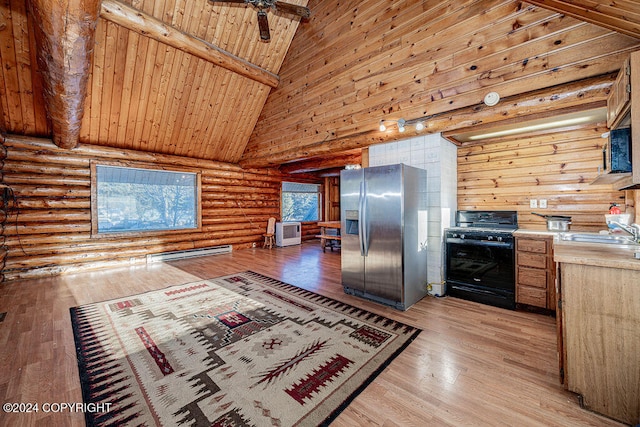 kitchen with black stove, wood ceiling, high vaulted ceiling, stainless steel fridge with ice dispenser, and light hardwood / wood-style floors