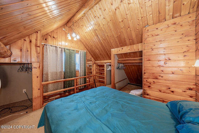 unfurnished bedroom with carpet, vaulted ceiling with beams, wood ceiling, and wooden walls