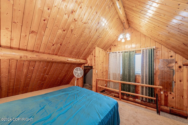 unfurnished bedroom with wood ceiling, carpet, lofted ceiling with beams, and a notable chandelier