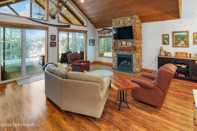34184 House Dr, Soldotna, AK 99669 - living area featuring a fireplace, plenty of natural light, wood finished floors, wooden ceiling, and baseboards