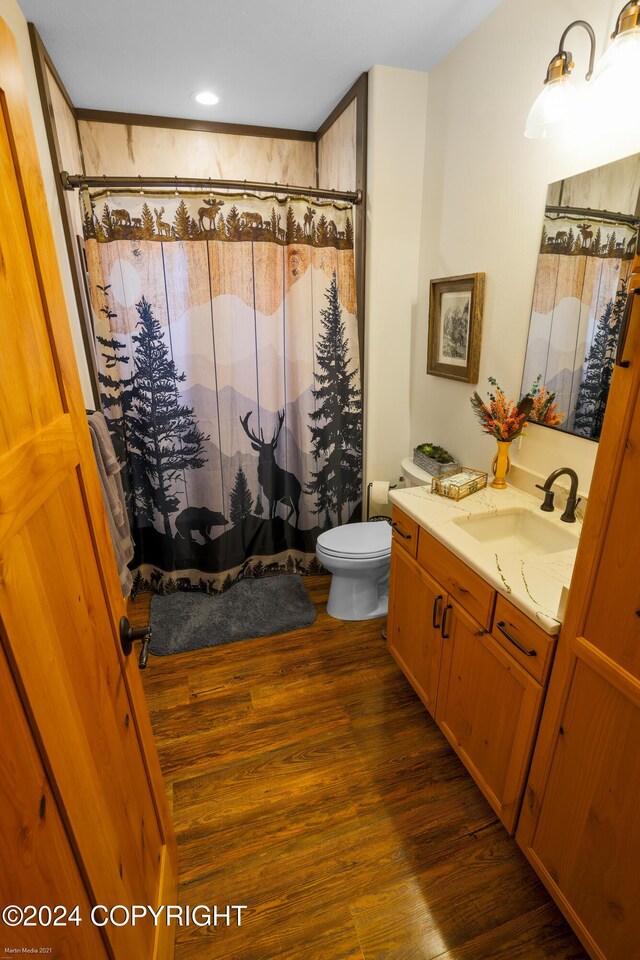 34184 House Dr, Soldotna, AK 99669 - full bathroom featuring vanity, wood finished floors, toilet, and curtained shower