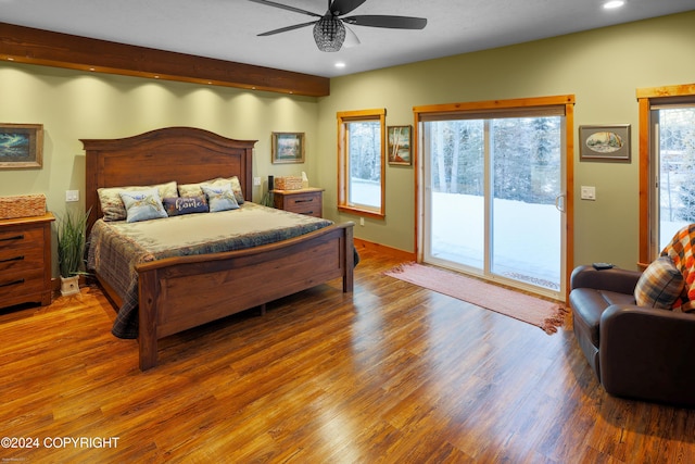 34184 House Dr, Soldotna, AK 99669 - bedroom with recessed lighting, access to exterior, wood finished floors, and a ceiling fan