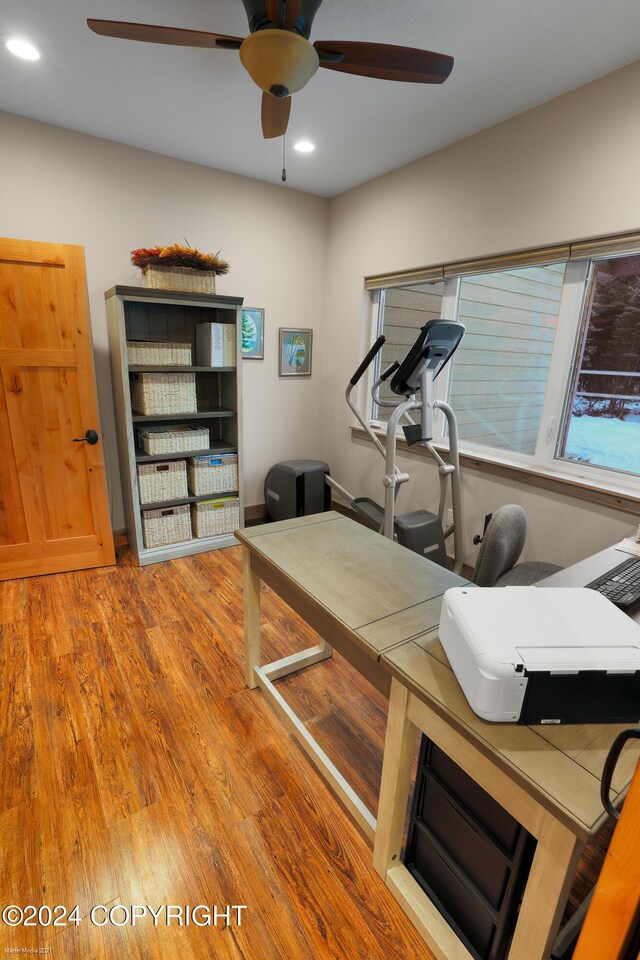 34184 House Dr, Soldotna, AK 99669 - exercise area featuring ceiling fan, wood finished floors, and recessed lighting