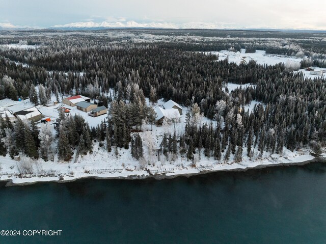 34184 House Dr, Soldotna, AK 99669 - snowy aerial view featuring a wooded view and a water view
