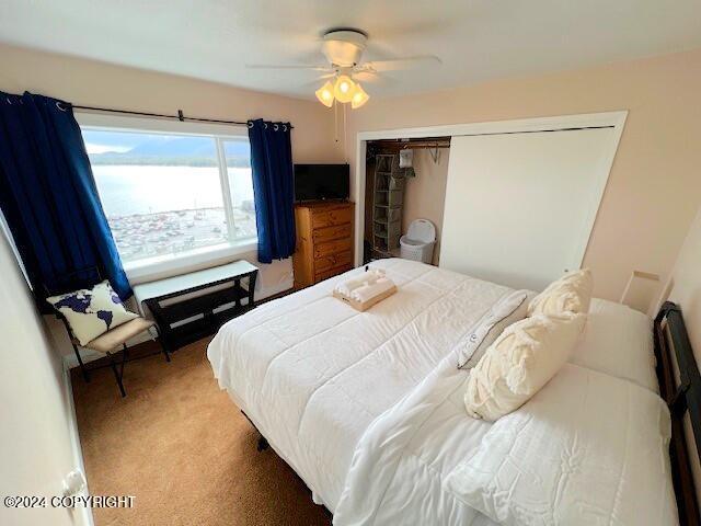 bedroom with carpet flooring, ceiling fan, and a closet