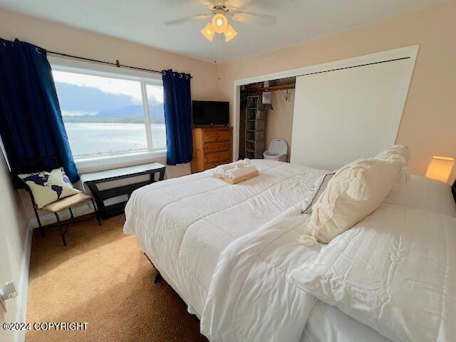 carpeted bedroom with ceiling fan and a closet