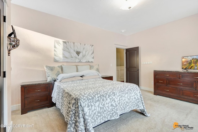 bedroom featuring light colored carpet