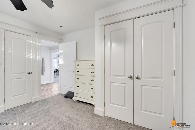 unfurnished bedroom with ceiling fan, light colored carpet, and a closet