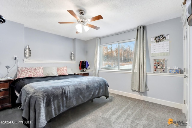 bedroom featuring ceiling fan, carpet, and a textured ceiling