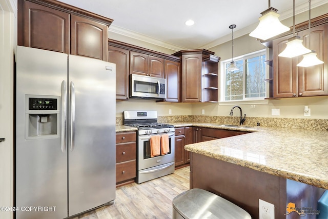 kitchen with ornamental molding, stainless steel appliances, sink, pendant lighting, and light hardwood / wood-style flooring