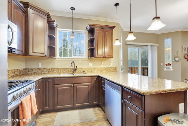 kitchen with kitchen peninsula, a healthy amount of sunlight, sink, and stainless steel appliances