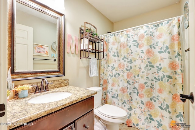 bathroom with a shower with curtain, vanity, and toilet