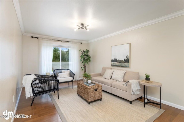 living room with hardwood / wood-style floors and ornamental molding