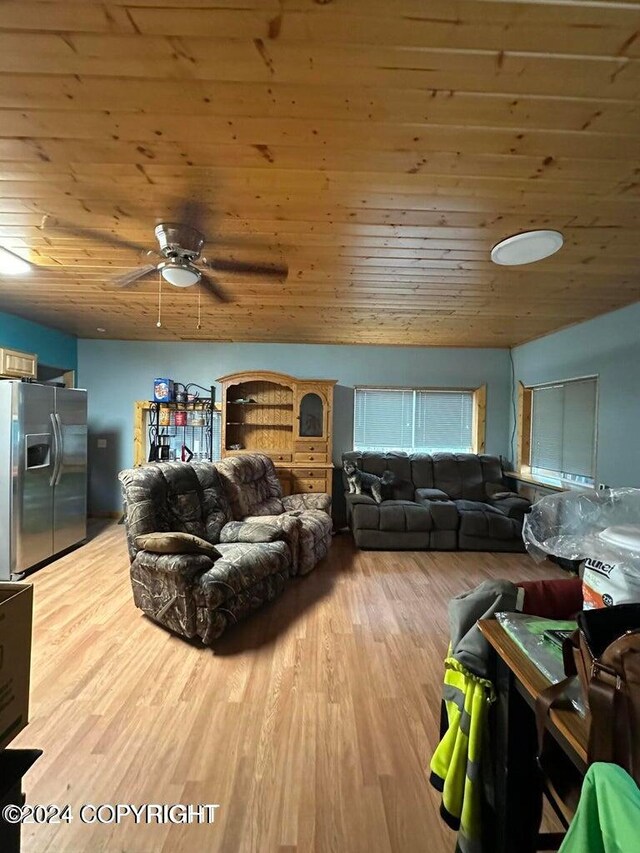 living room with ceiling fan, wood-type flooring, and wood ceiling