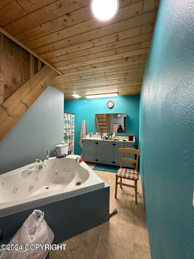 bathroom featuring a bathtub, vanity, and wooden ceiling