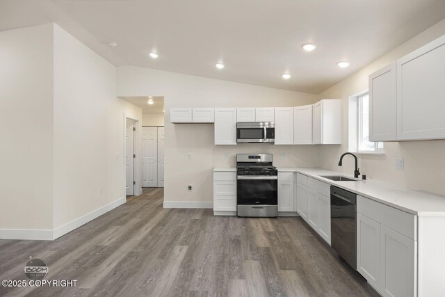 4980 Kelsi Loop, Wasilla, AK 99654 - kitchen with a sink, appliances with stainless steel finishes, wood finished floors, and vaulted ceiling