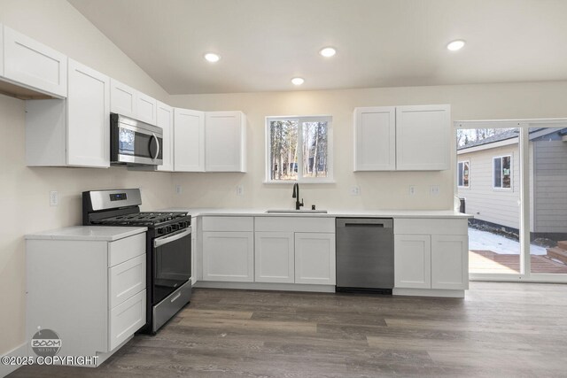 4980 Kelsi Loop, Wasilla, AK 99654 - kitchen featuring dark wood-style flooring, a sink, stainless steel appliances, light countertops, and white cabinetry