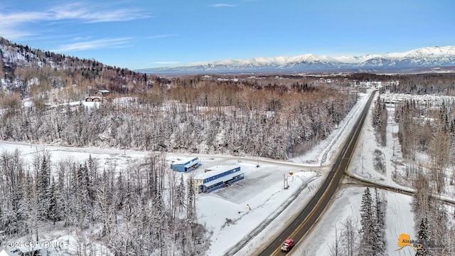 snowy aerial view with a mountain view