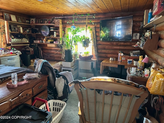 interior space with carpet flooring, wooden ceiling, and log walls