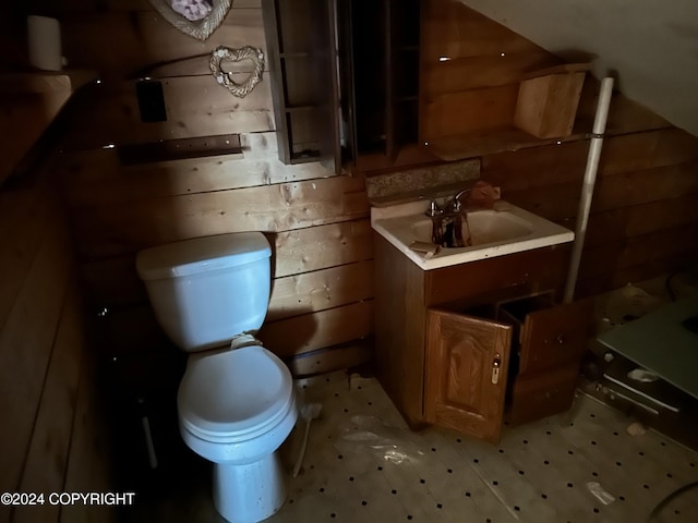 bathroom featuring vanity, toilet, and wooden walls