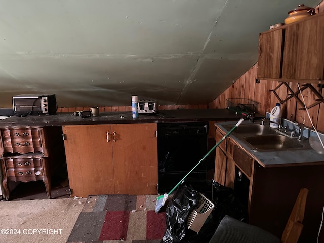 kitchen featuring dishwasher, wood walls, and sink